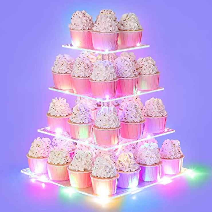 Suneerplay 4 Tier Cupcake Stand with LED String Light, Acrylic Cupcake Display Stand, Square Cupcake Tower Holder, Cup Cake Stand for Birthday, Wedding, Baby Shower, Party