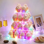 Suneerplay 4 Tier Cupcake Stand with LED String Light, Acrylic Cupcake Display Stand, Square Cupcake Tower Holder, Cup Cake Stand for Birthday, Wedding, Baby Shower, Party